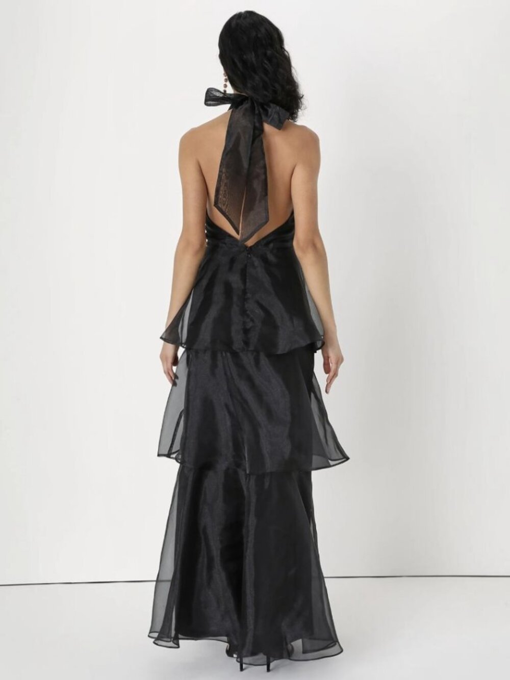 NWT Lulus Perfect Beauty Black Organza Backless Tiered Maxi Dress (size S) - Picture 4 of 11